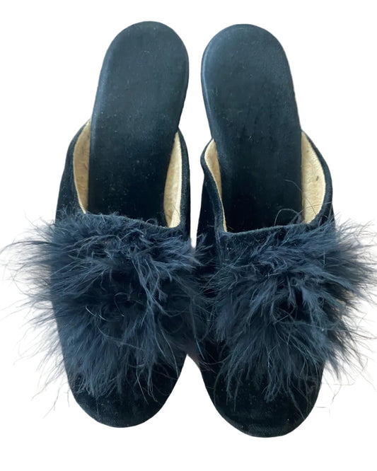 Vintage semskede mules med fuskepels