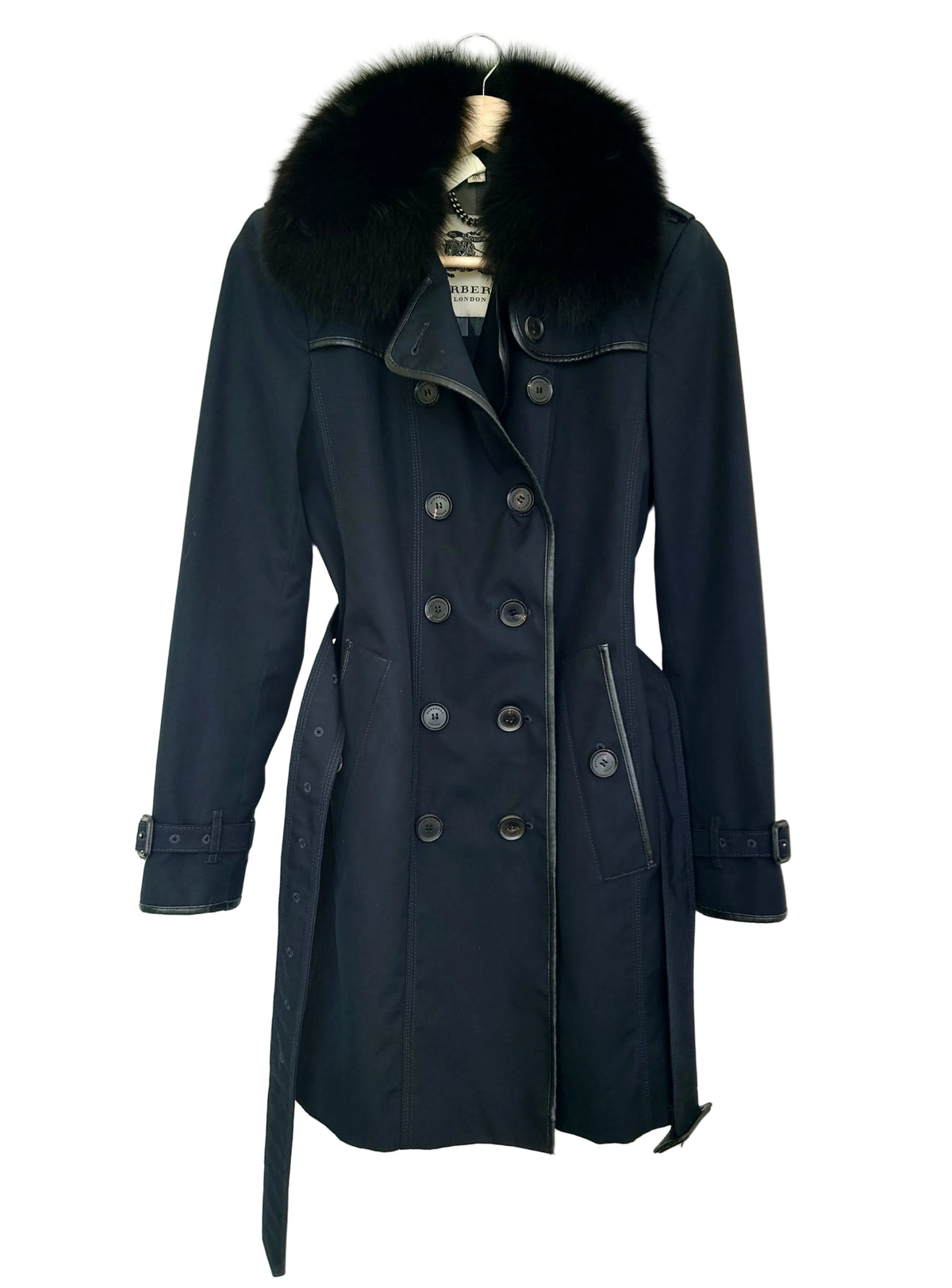 Burberry trenchcoat sort med skinndetaljer