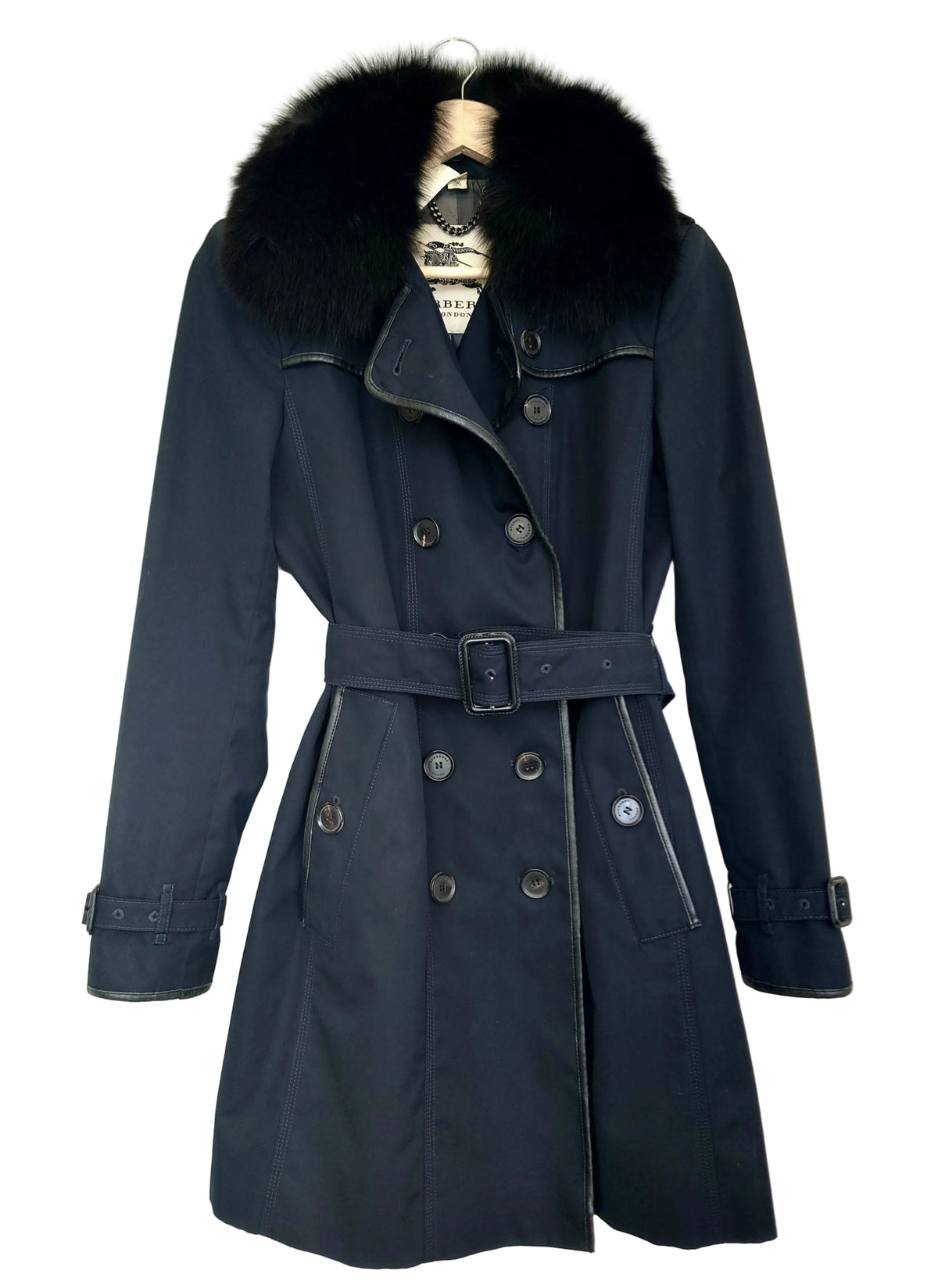 Burberry trenchcoat sort med skinndetaljer