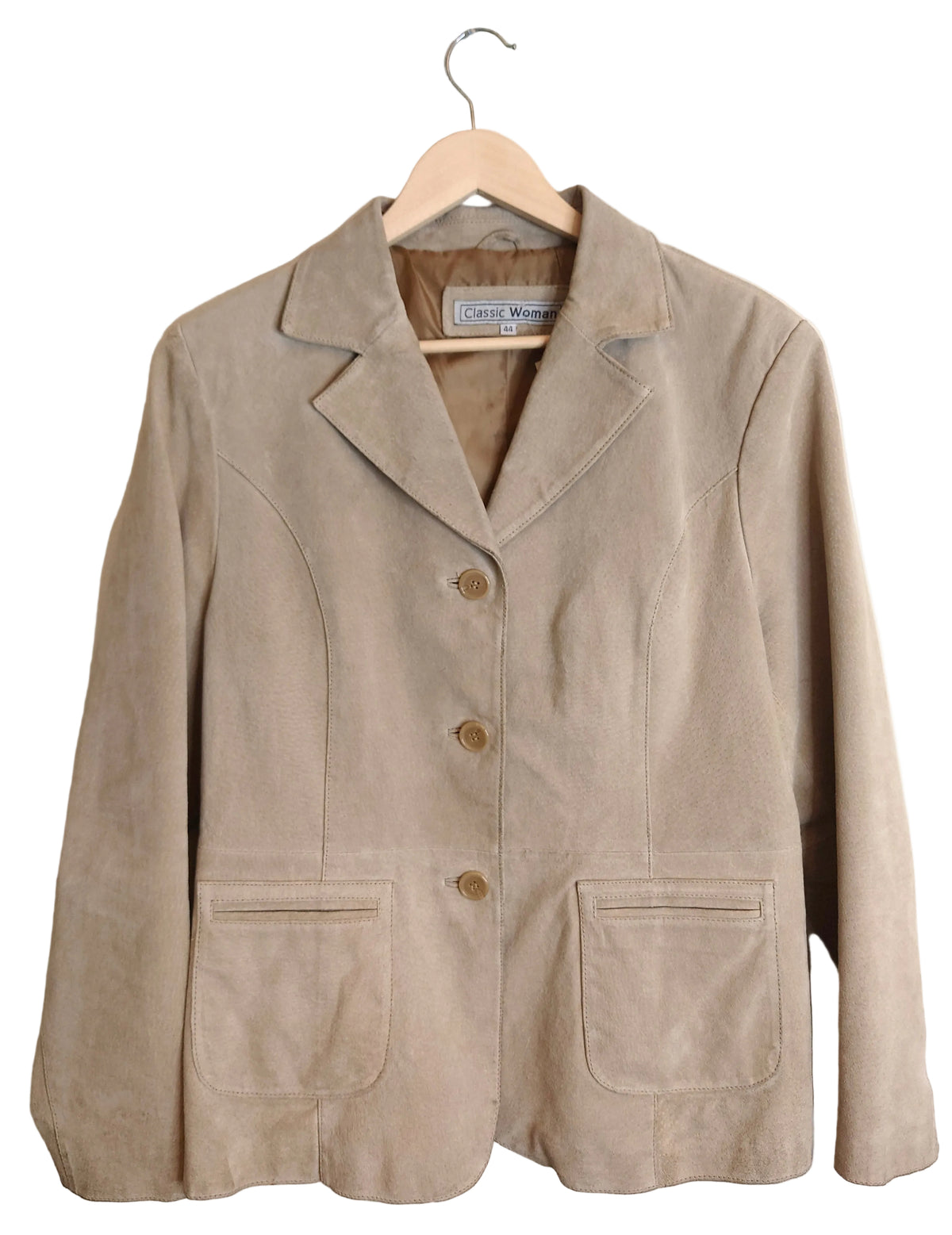 Semsket skinnblazer for dame i lys beige